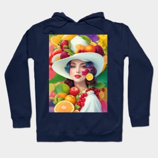 А woman with a white hat and some colorful fruity Hoodie